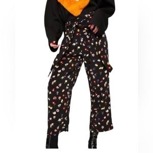 ZARA Black Floral Print Paper Bag Waist Wide Leg Pants S